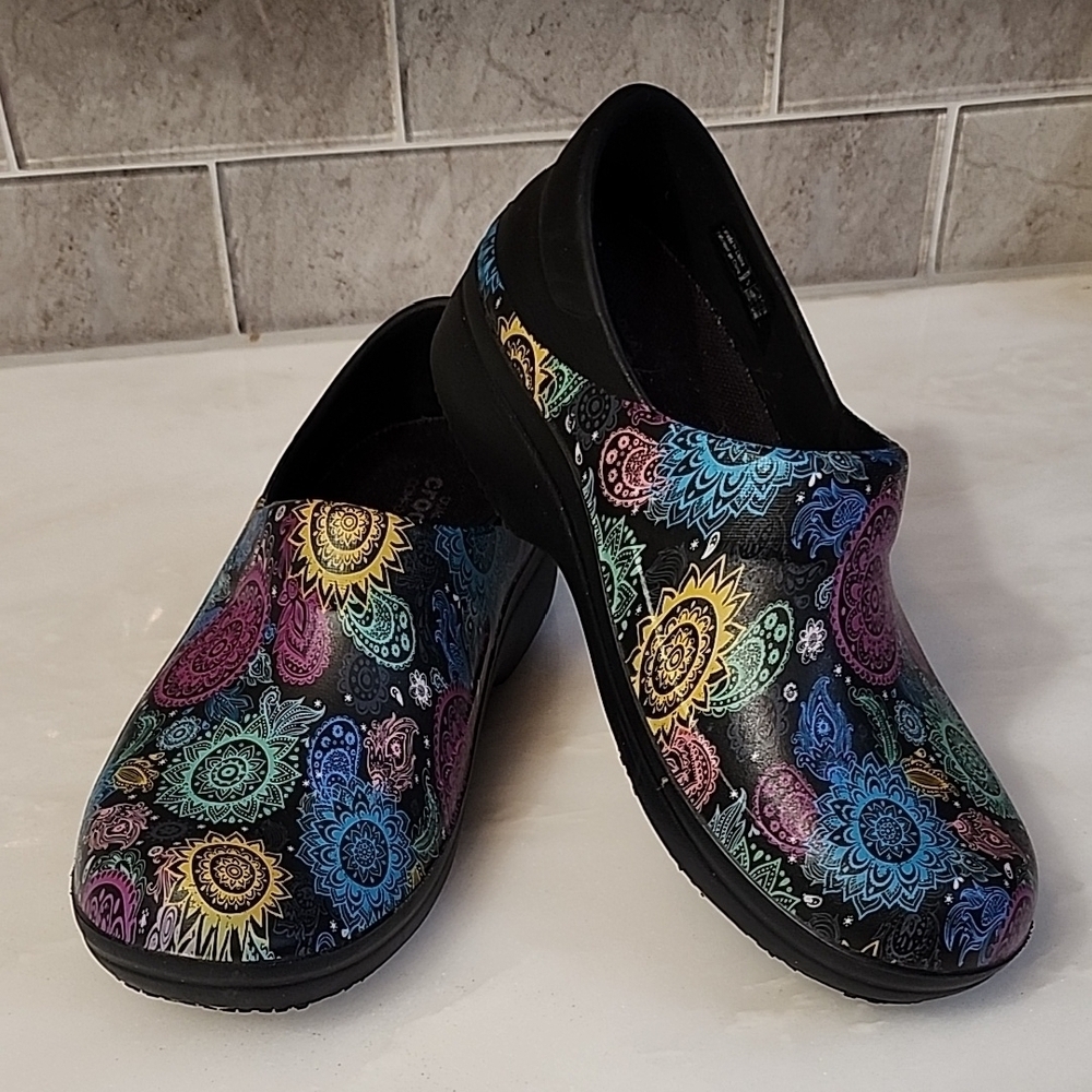 CROCS Black and Blue Comfort Clogs with Artistic Design